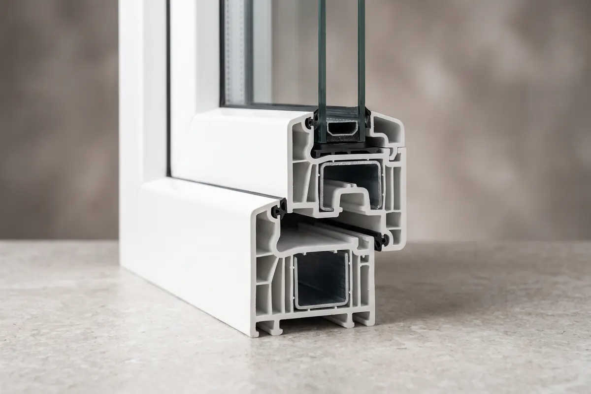 Cross-section detail of a multi-chamber uPVC window profile with double glazing
