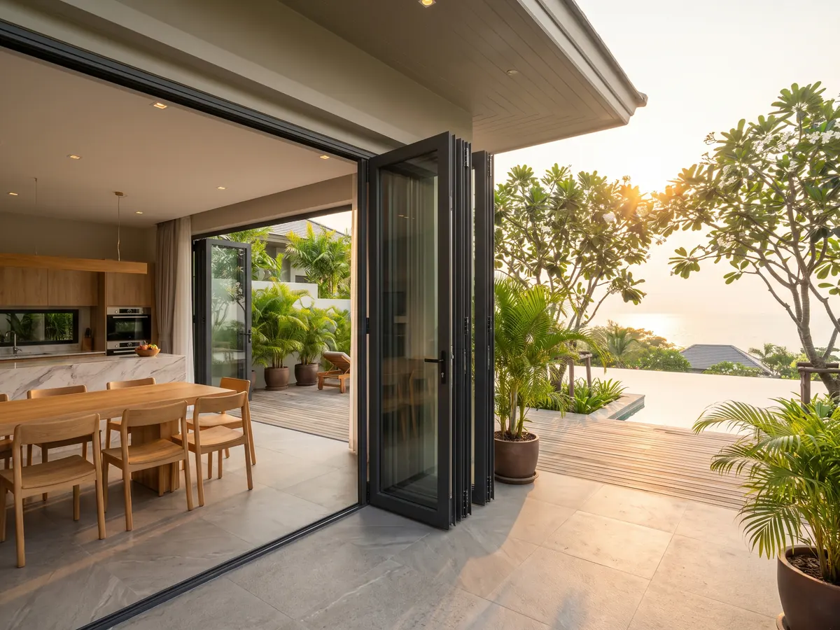 ประตูบานเฟี้ยม uPVC สีเทาแอนทราไซต์ พับเปิดสู่ระเบียงสวน