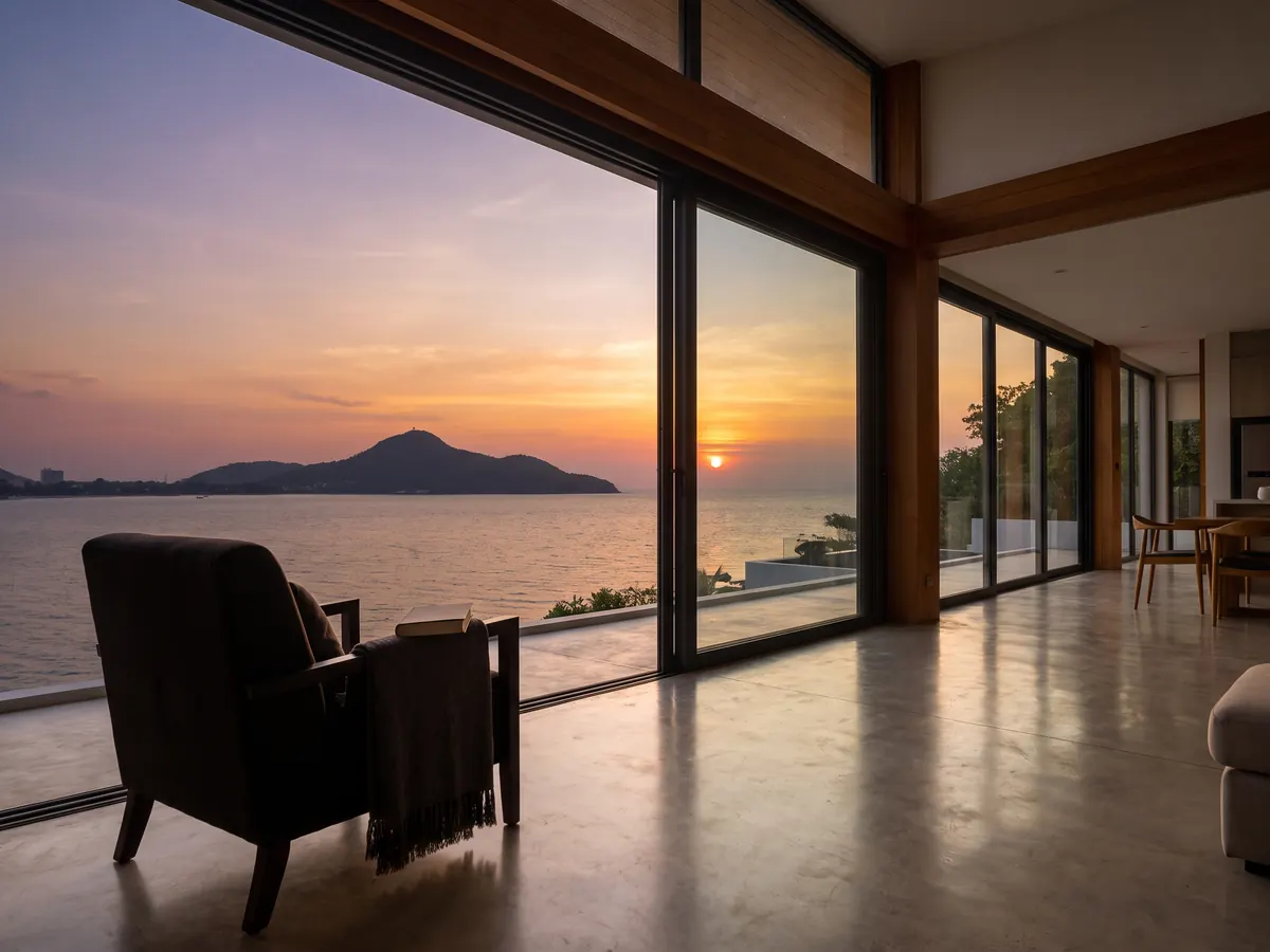 หน้าต่างบานติดตาย uPVC ขนาดใหญ่ เปิดรับวิวทะเล