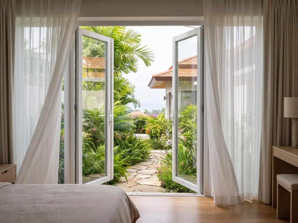ประตูบานคู่ (French door) uPVC สีขาว เปิดออกสู่สวนเขตร้อน