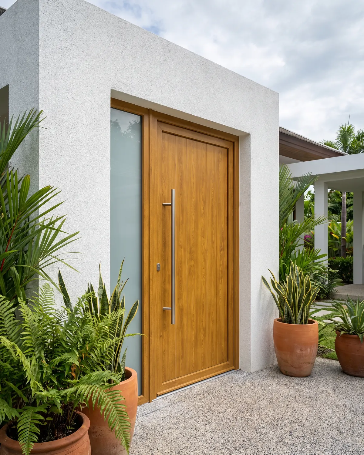 ประตูทางเข้าหลัก uPVC ลายไม้ พร้อมกระจกด้านข้าง บนวิลล่าในไทย