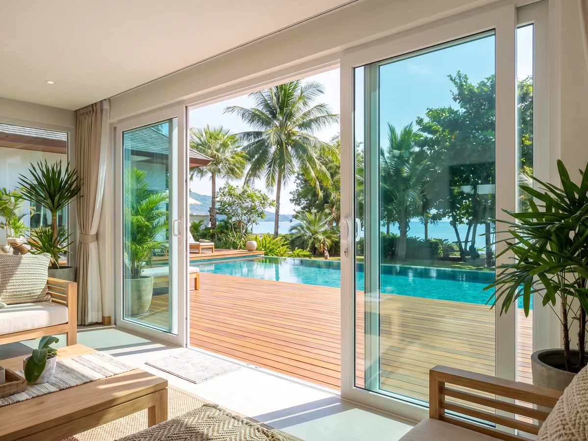 ประตูบานเลื่อน uPVC สีขาว เปิดห้องนั่งเล่นสู่ระเบียงสระว่ายน้ำ