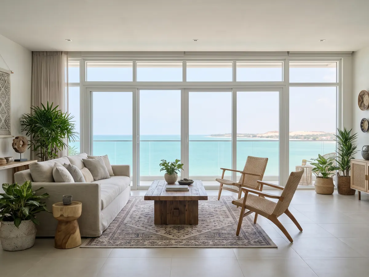 หน้าต่างบานเลื่อน uPVC กว้างในคอนโดหัวหิน วิวทะเล