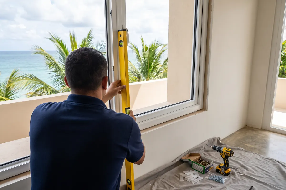 Installer fitting and levelling a new uPVC window frame